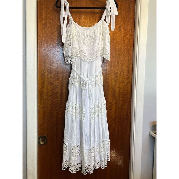 BCBGMaxAzria Dresses & Skirts - BCBGMAXAZRIA White Lace Off-Shoulder‎ Midi Dress M Smocked Waist Tiered Eyelet
